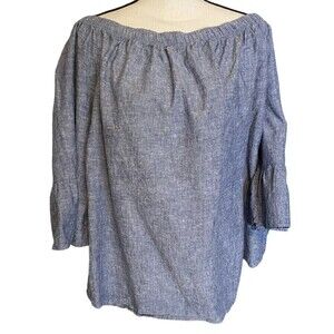 Ashley Stewart Top Size 22/24 Off Shoulder Chambray Cotton Linen Ruffle Sleeve